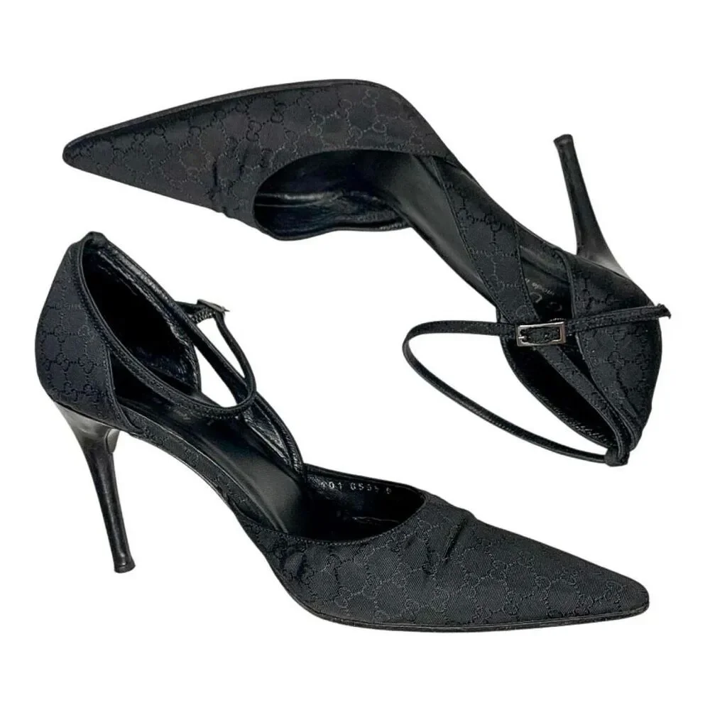 Gucci Microguccissima Black Nylon Heels D'Orsay Interlocking GG Logo Pumps US 7
